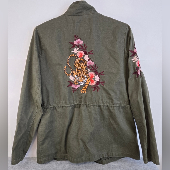 Liquid X Embroidered Floral Tiger Khaki Green Utility Jacket Size‎ M - Picture 2 of 9